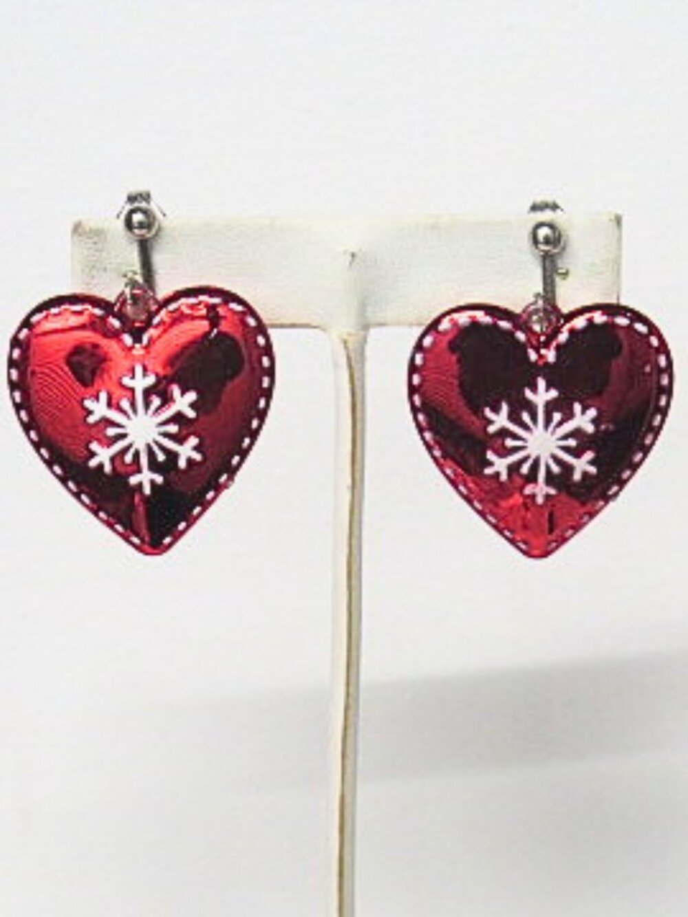 Red Heart Snowflake Christmas Clip-On Earrings Holiday Statement Jewelry